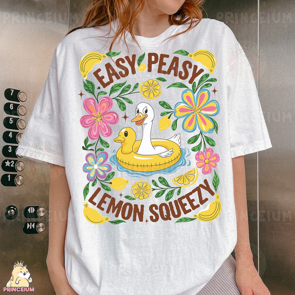 a woman wearing a t - shirt that says easy peasy lemon squeezely