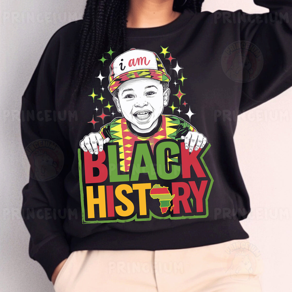 a woman wearing a black sweatshirt with a black history graphic on it