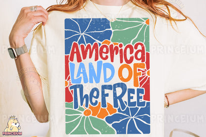 a woman wearing an american land of the free t - shirt
