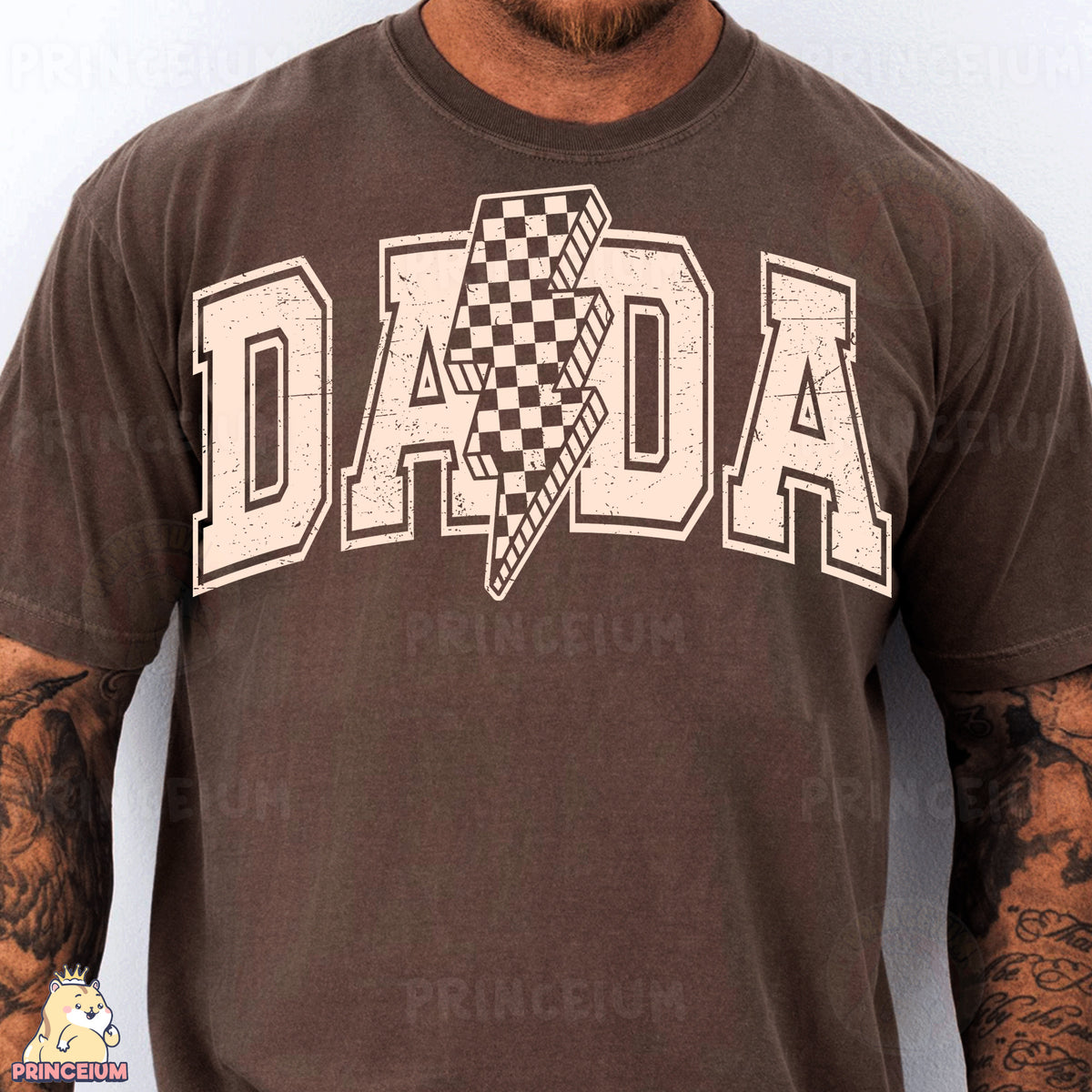 a man wearing a brown shirt with a checkered design on it
