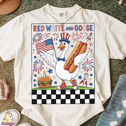 a white t - shirt with a picture of a chicken holding a hot dog and