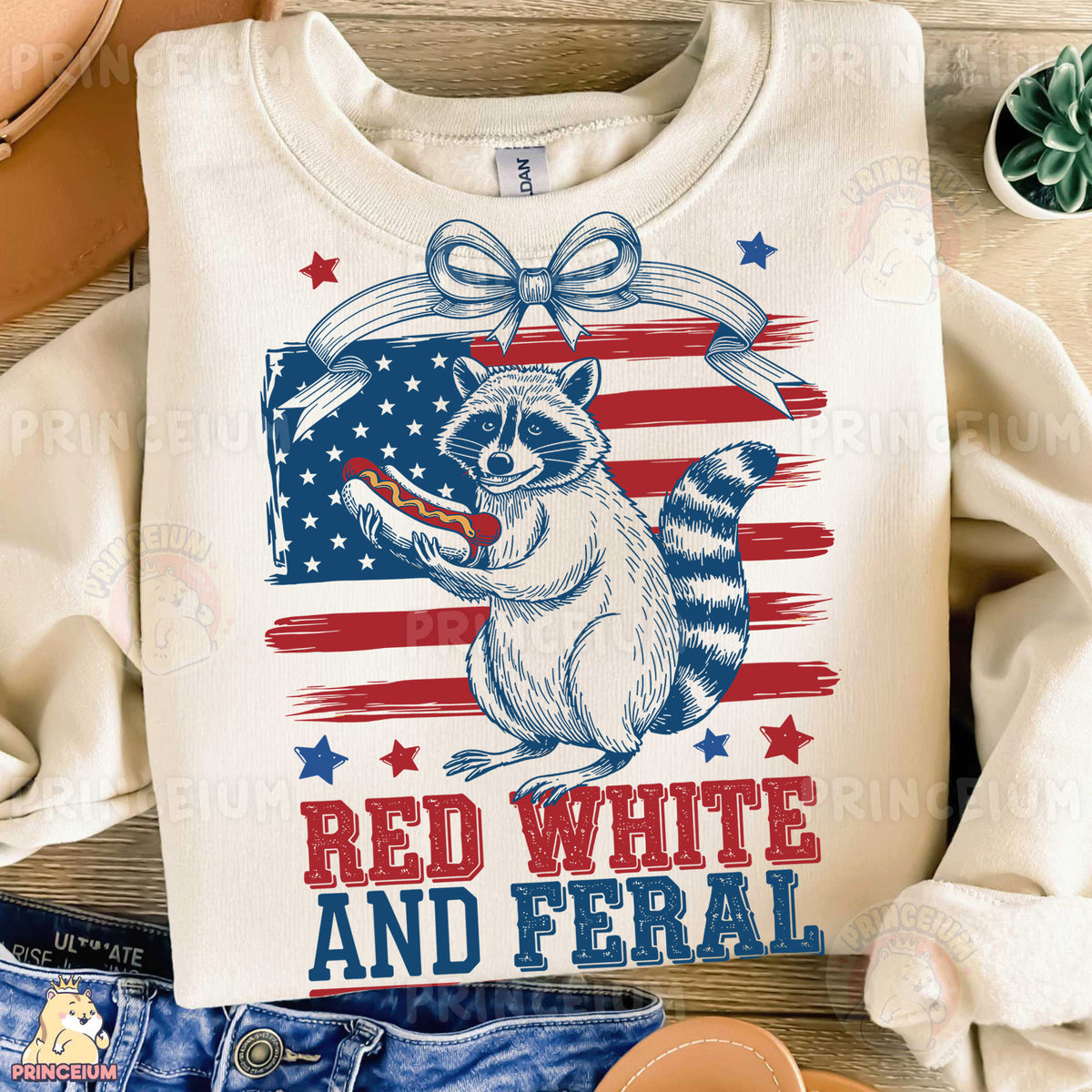 a shirt with a raccoon on it that says red, white and fe