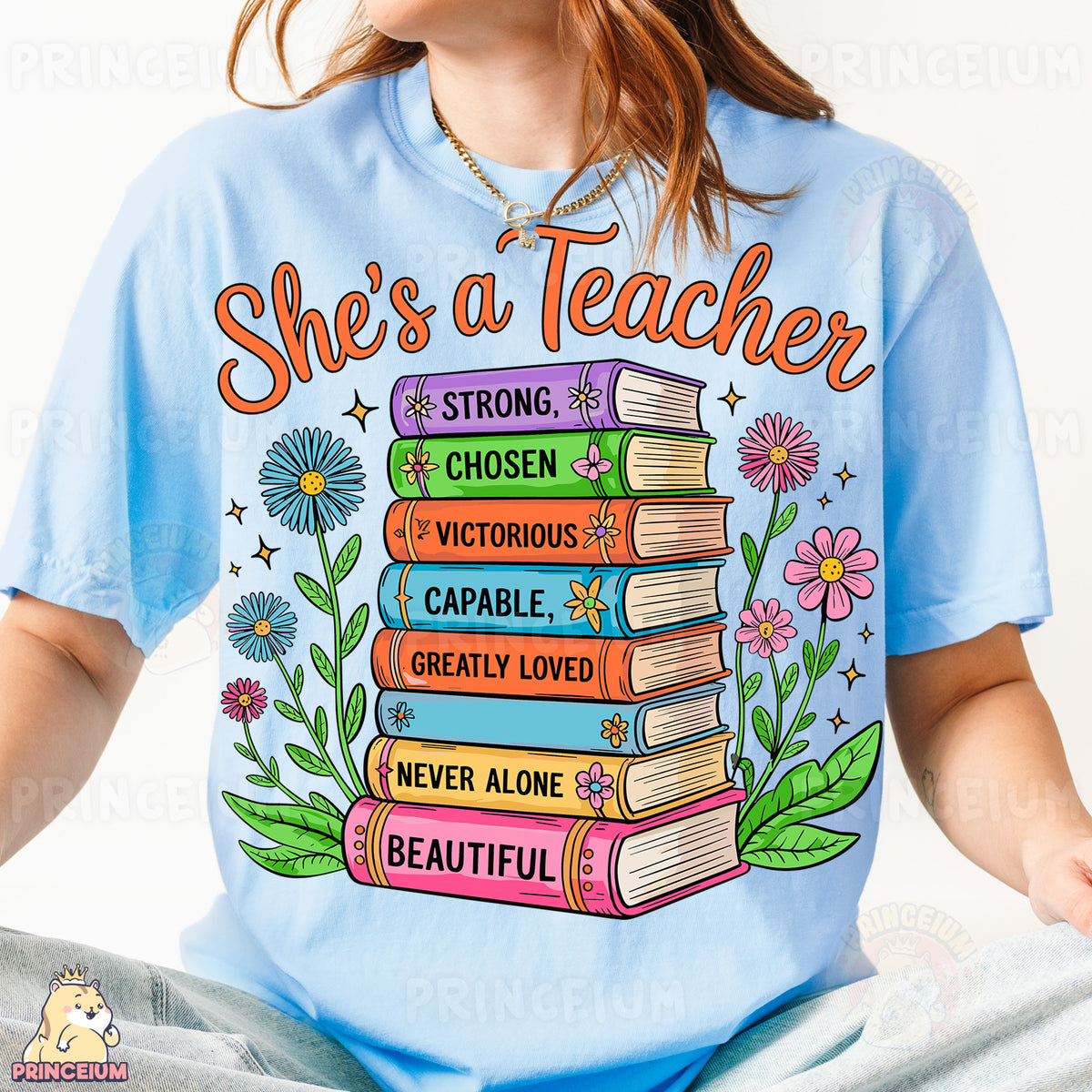 a girl wearing a t - shirt that says she's a teacher