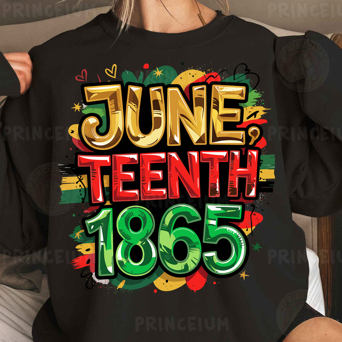 a woman wearing a black juneteeth sweatshirt