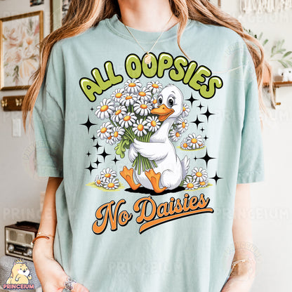a woman wearing a t - shirt with a duck holding a bouquet of daisies