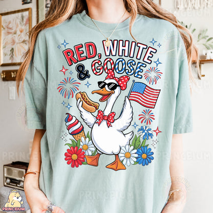 a woman wearing a red, white, and blue goose t - shirt
