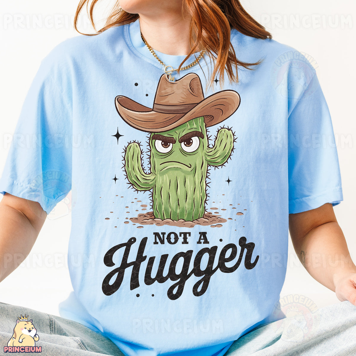 a woman wearing a blue shirt with a cactus wearing a cowboy hat