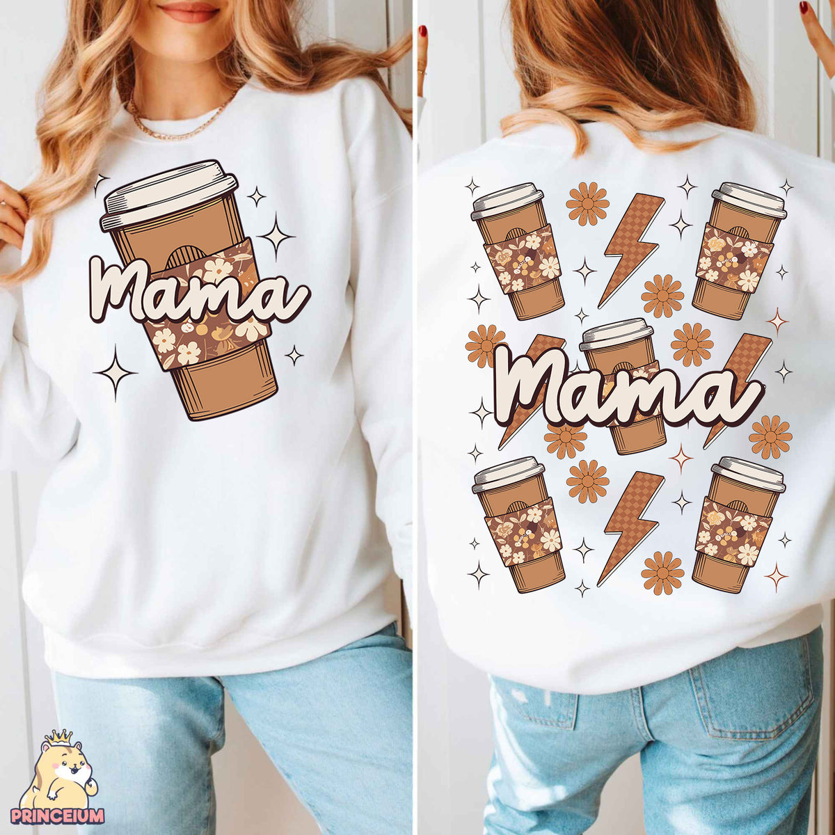 a woman wearing a white sweatshirt with a cup of coffee printed on it