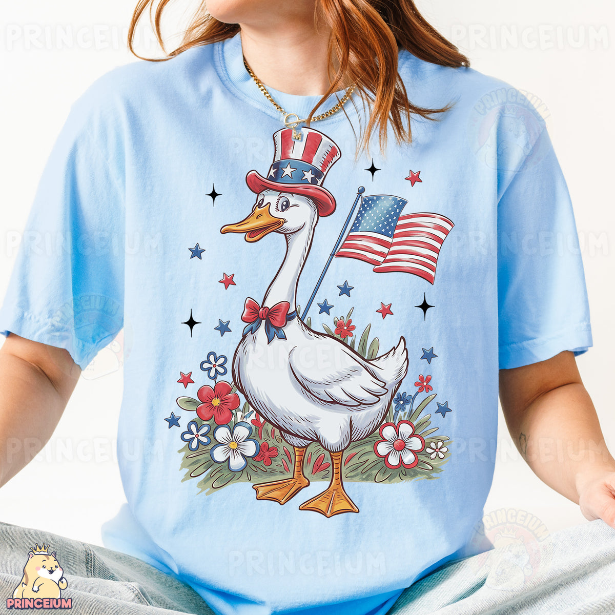 a woman wearing a blue shirt with a duck wearing a hat and an american flag
