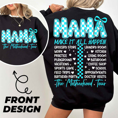 a woman wearing a black sweatshirt with the words mama on it