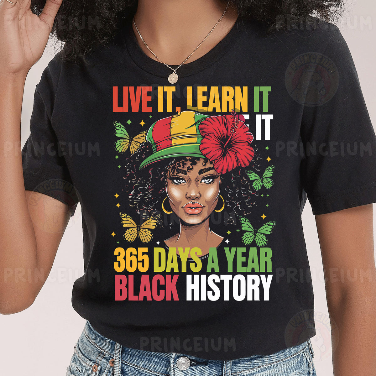 a woman wearing a black t - shirt that says live it learn it it 350