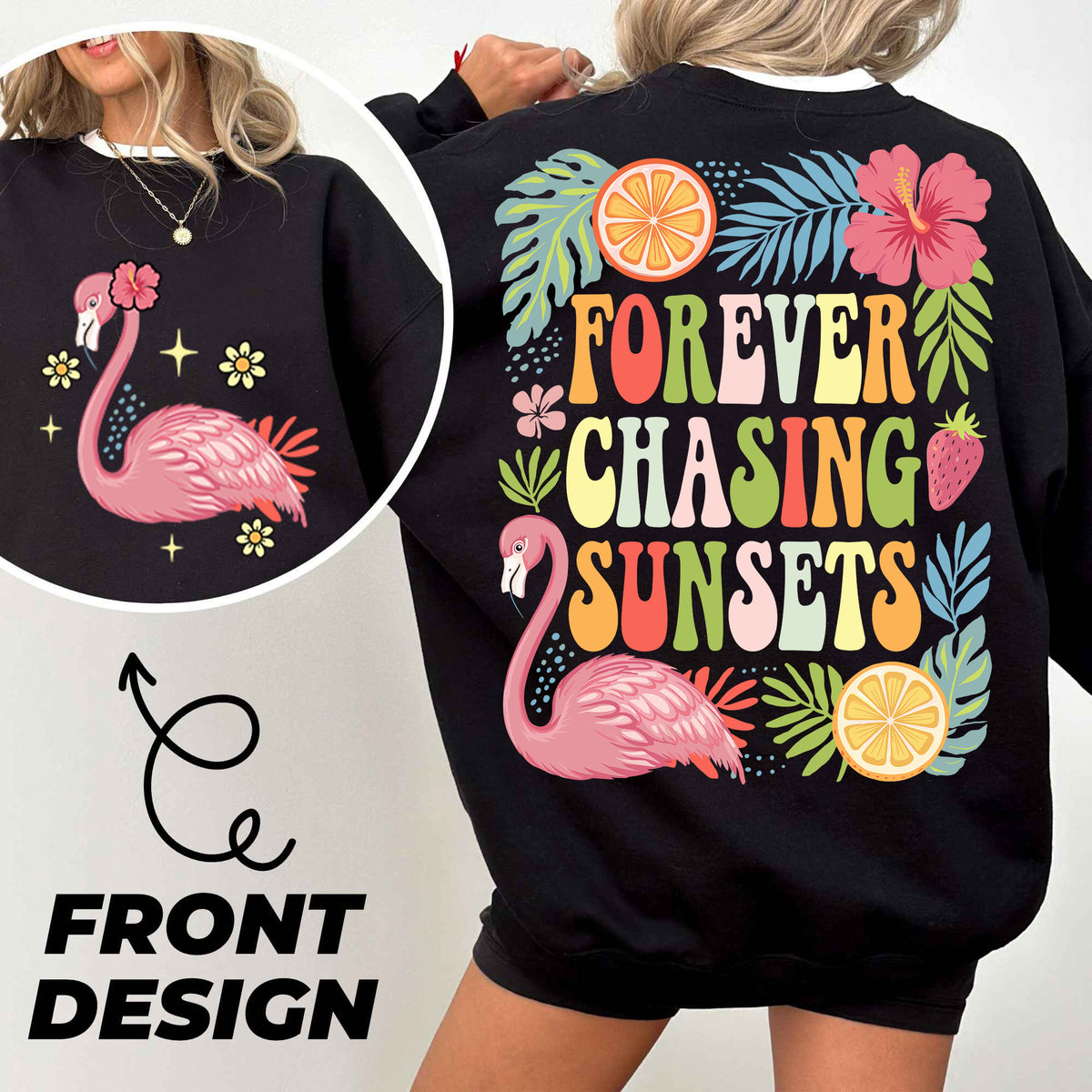 a woman wearing a black sweatshirt with flamingos on it