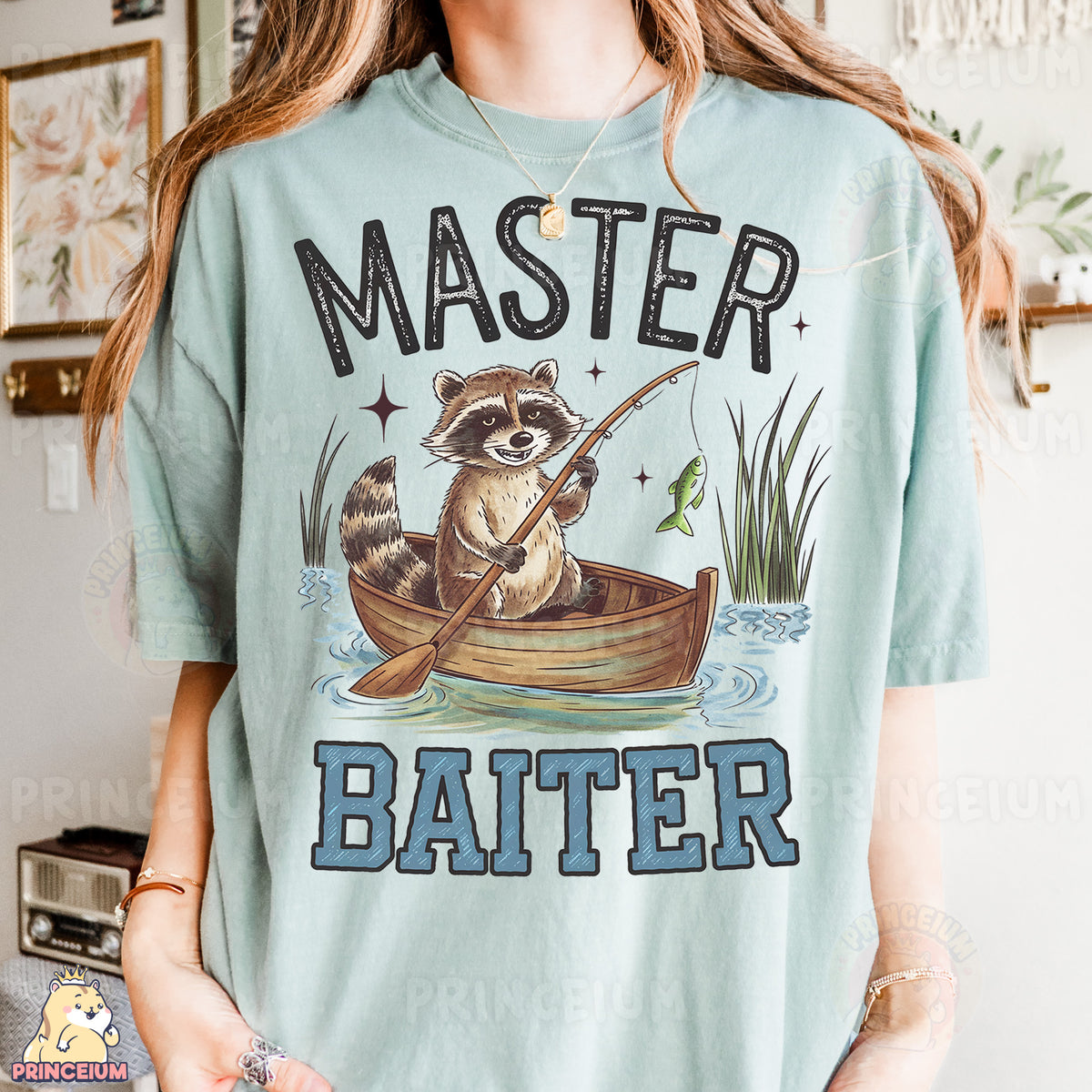 a woman wearing a shirt with a raccoon on it