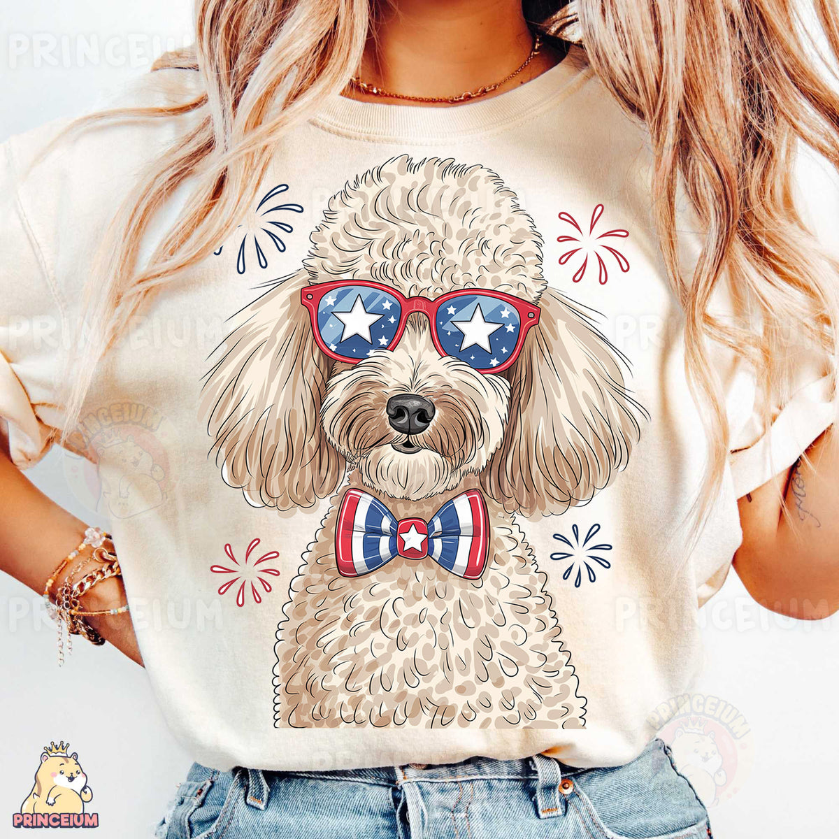 a woman wearing a t - shirt with a dog wearing sunglasses