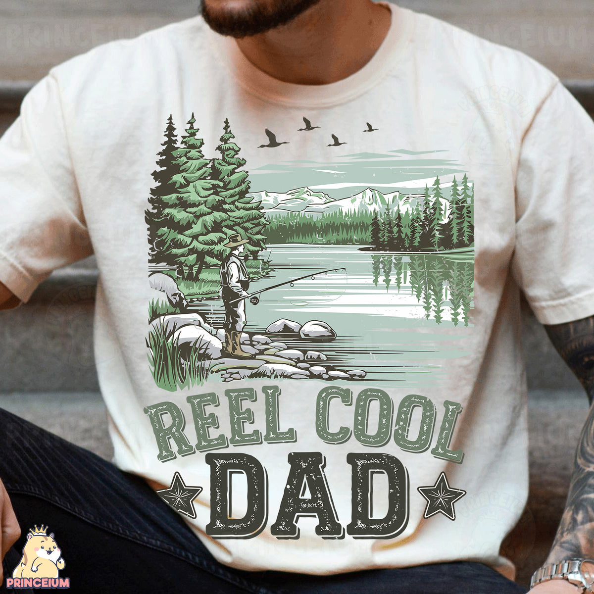 a man wearing a reel cool dad t - shirt