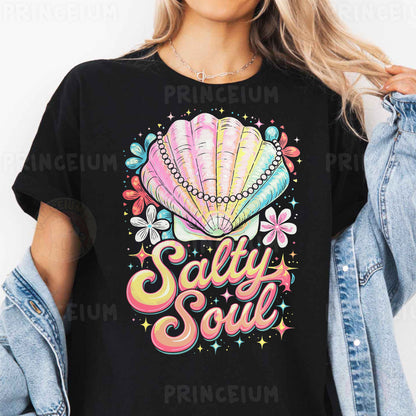 a woman wearing a t - shirt that says salty soul