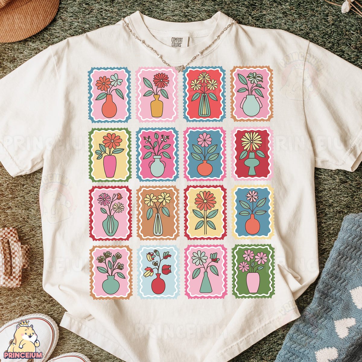 a t - shirt that has a bunch of flowers on it