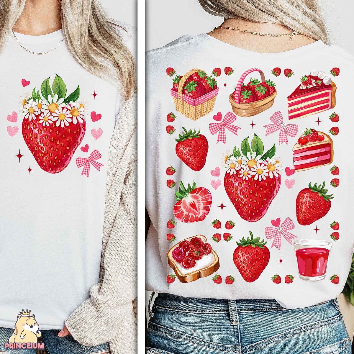 a woman wearing a white shirt with strawberries on it