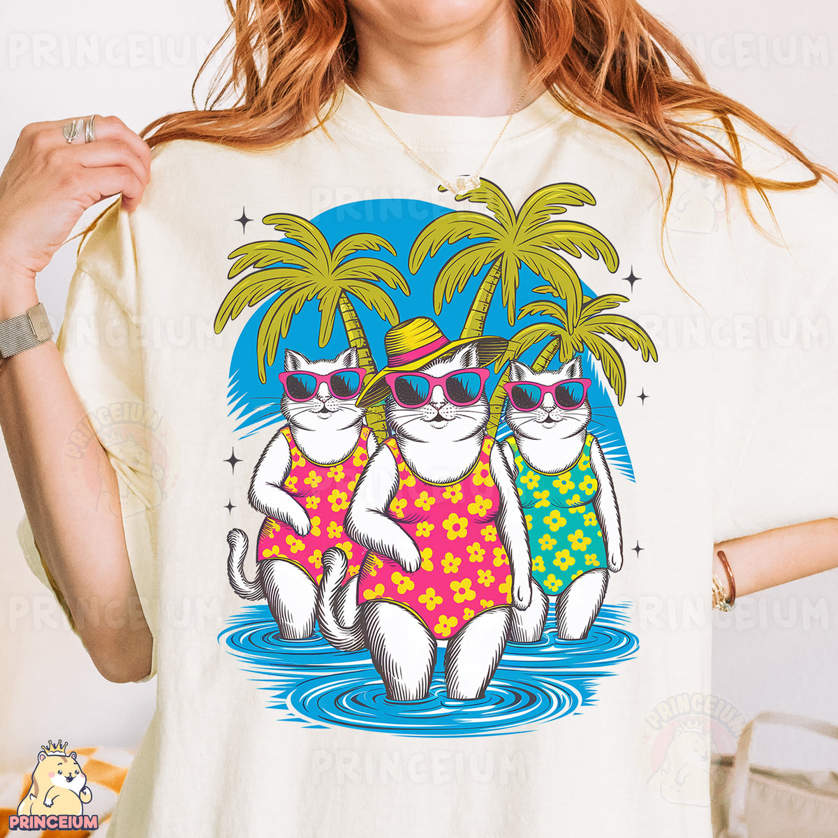 a woman wearing a t - shirt with two cats on it
