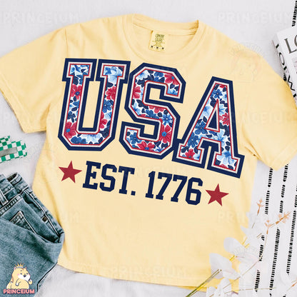 a t - shirt that says usa with red, white, and blue stars