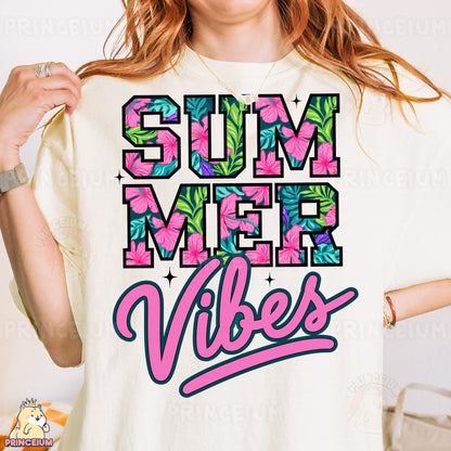 a woman wearing a t - shirt that says, summer vibes