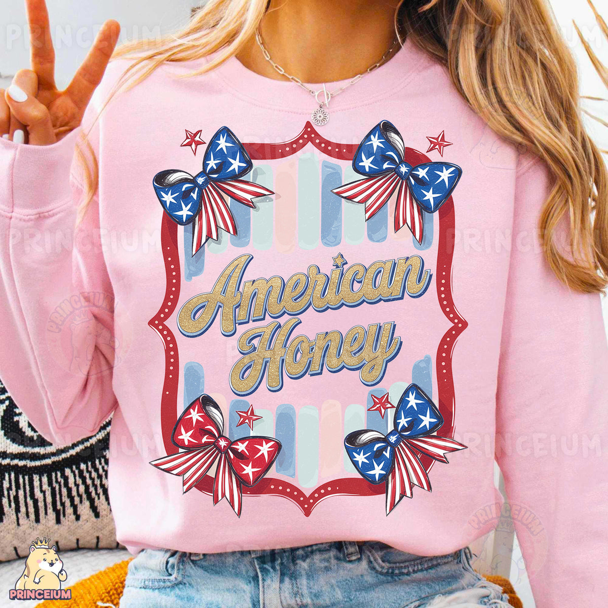 a woman wearing a pink american honey sweatshirt