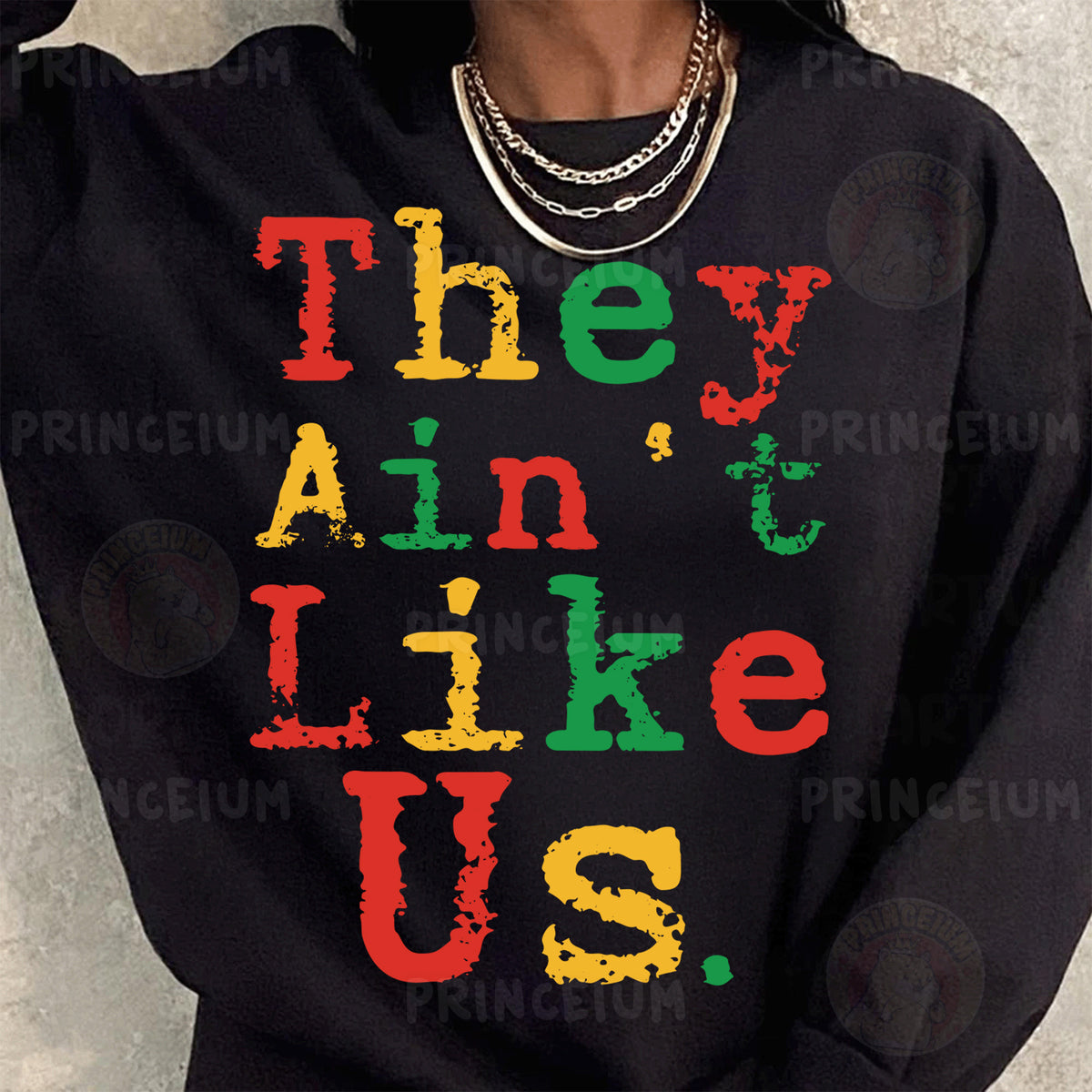 a woman wearing a black sweatshirt with the words they can't like us printed