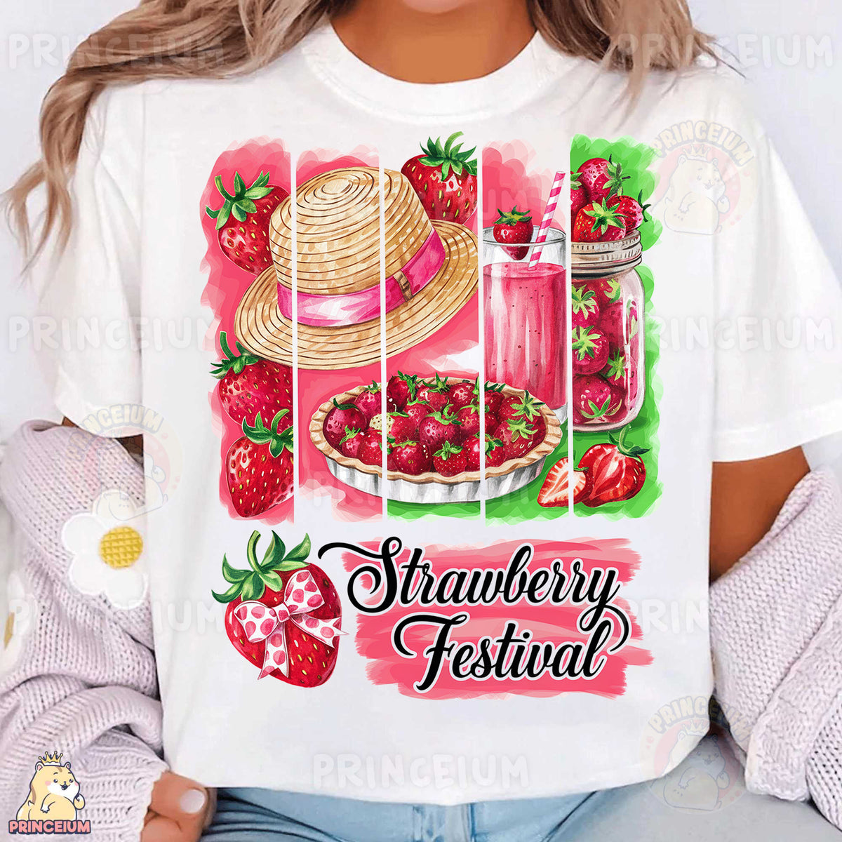 a woman wearing a strawberry festival t - shirt