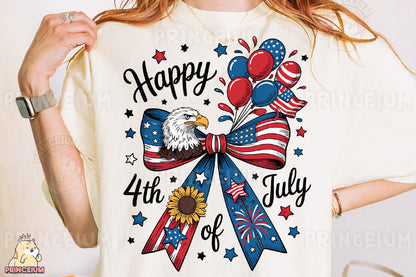 a woman wearing a happy 4th of july t - shirt