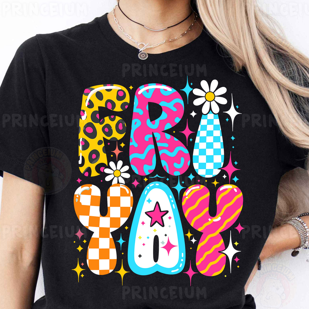 a woman wearing a black shirt with colorful letters