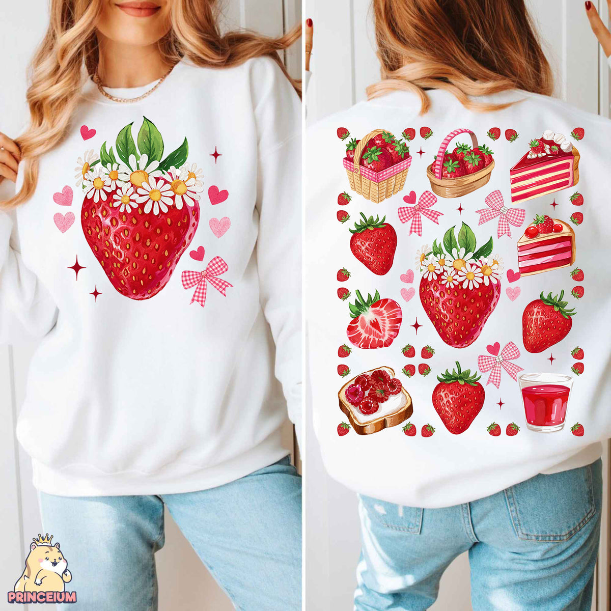 a woman wearing a white sweatshirt with a strawberry on it