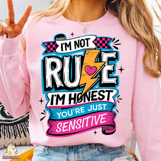 a woman wearing a pink shirt that says i'm not rude i'm