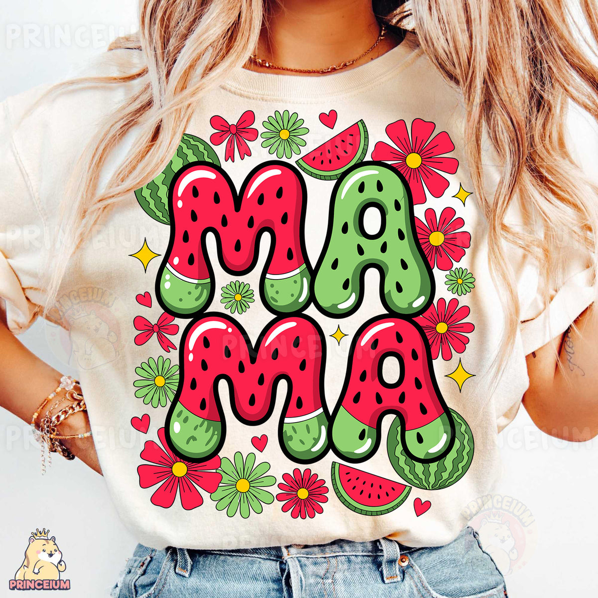 a woman wearing a t - shirt with the word mama on it