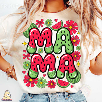 a woman wearing a t - shirt with the word mama on it