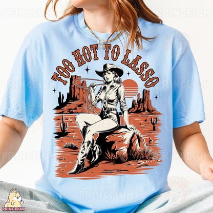 a woman wearing a blue shirt with a cowboy on it