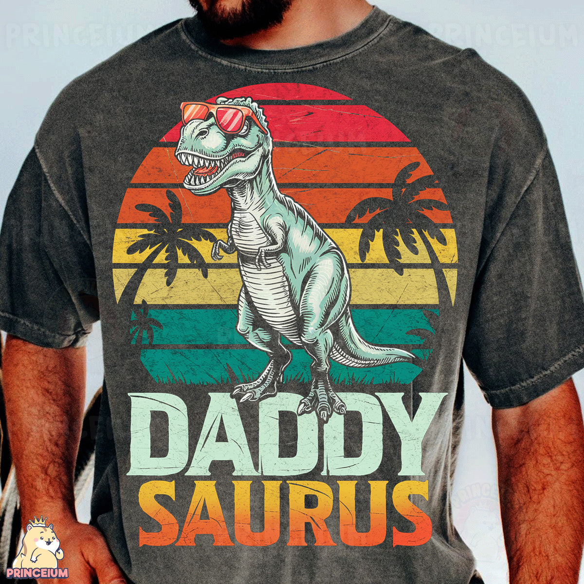 a man wearing a t - shirt with a dinosaur on it