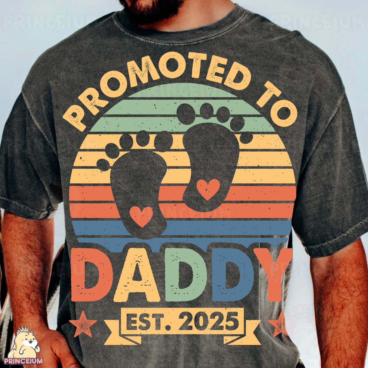 a man with a beard wearing a t - shirt that says, promote to daddy