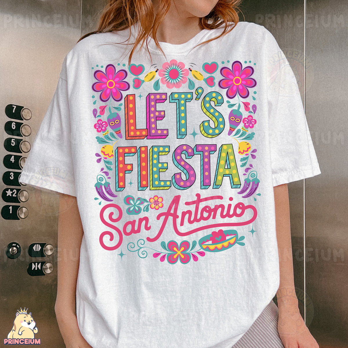 a woman wearing a t - shirt that says let's fiesta san antonio