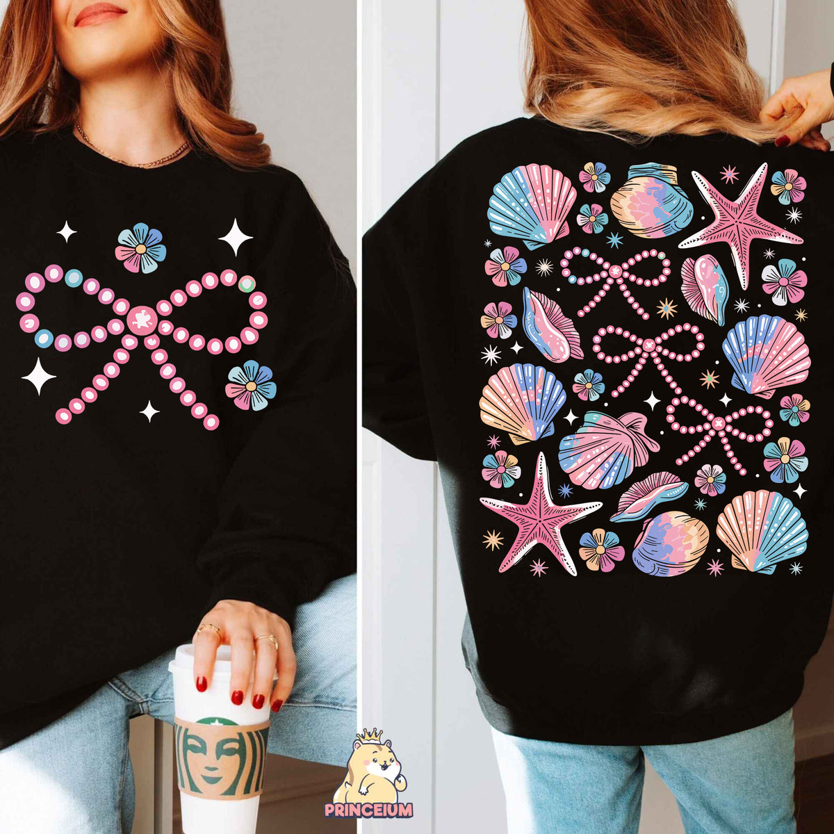 a woman wearing a black sweatshirt with pink and blue seashells on it