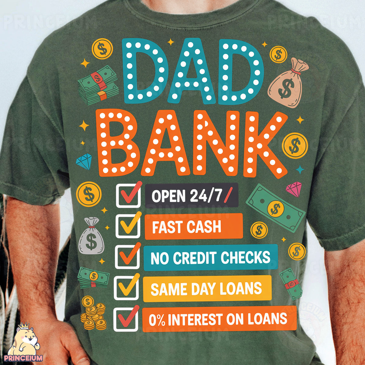 a man wearing a green t - shirt that says dad bank