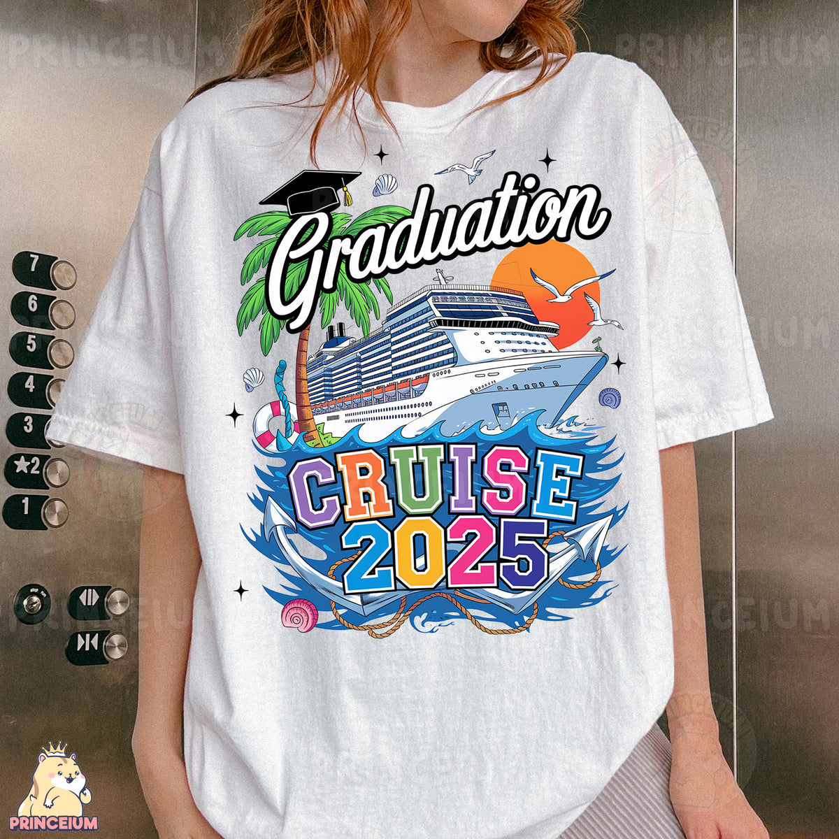 a woman wearing a graduation t - shirt with a cruise ship in the background