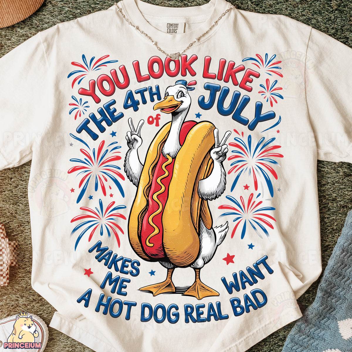 a white shirt with a hot dog on it