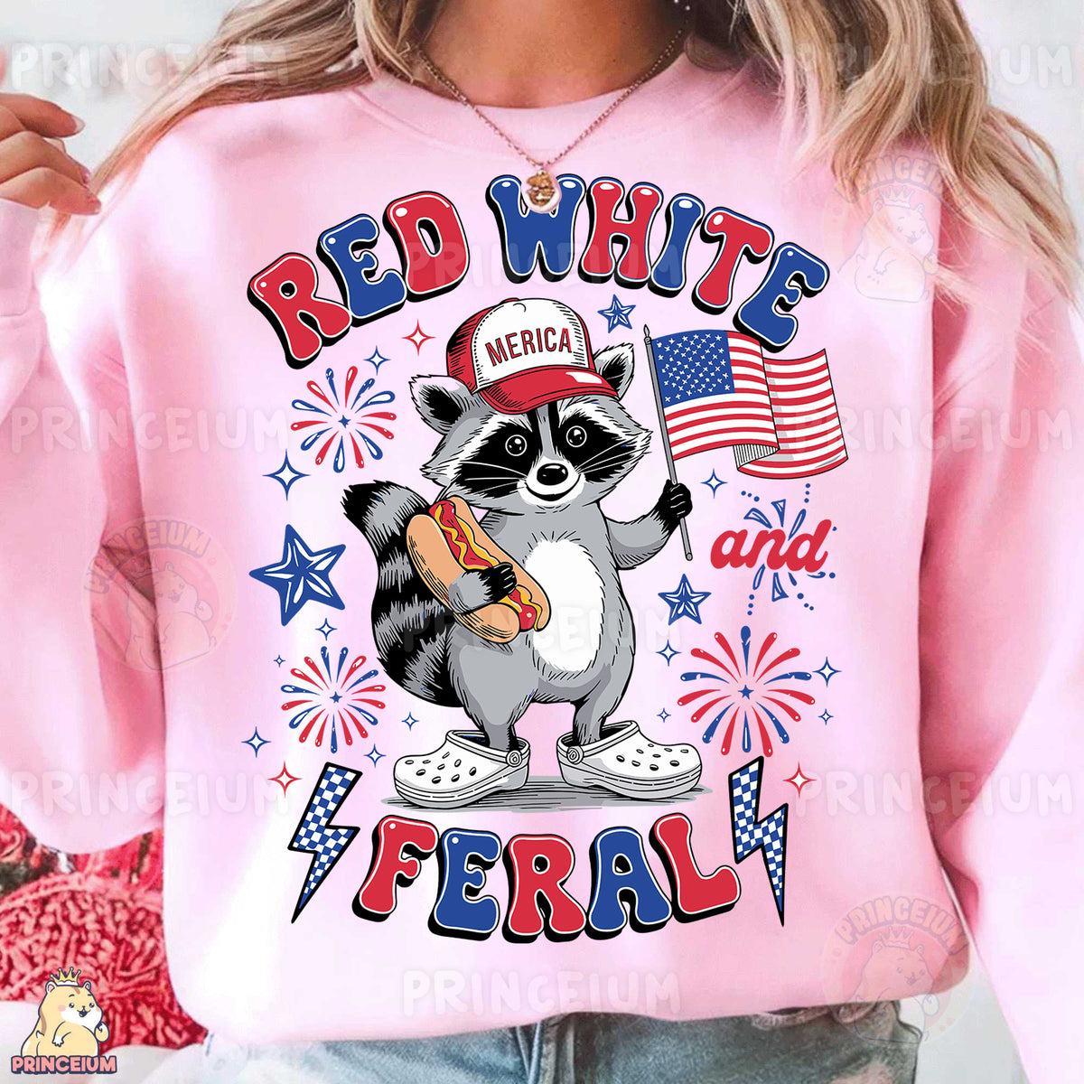 a woman wearing a red white and blue sweatshirt