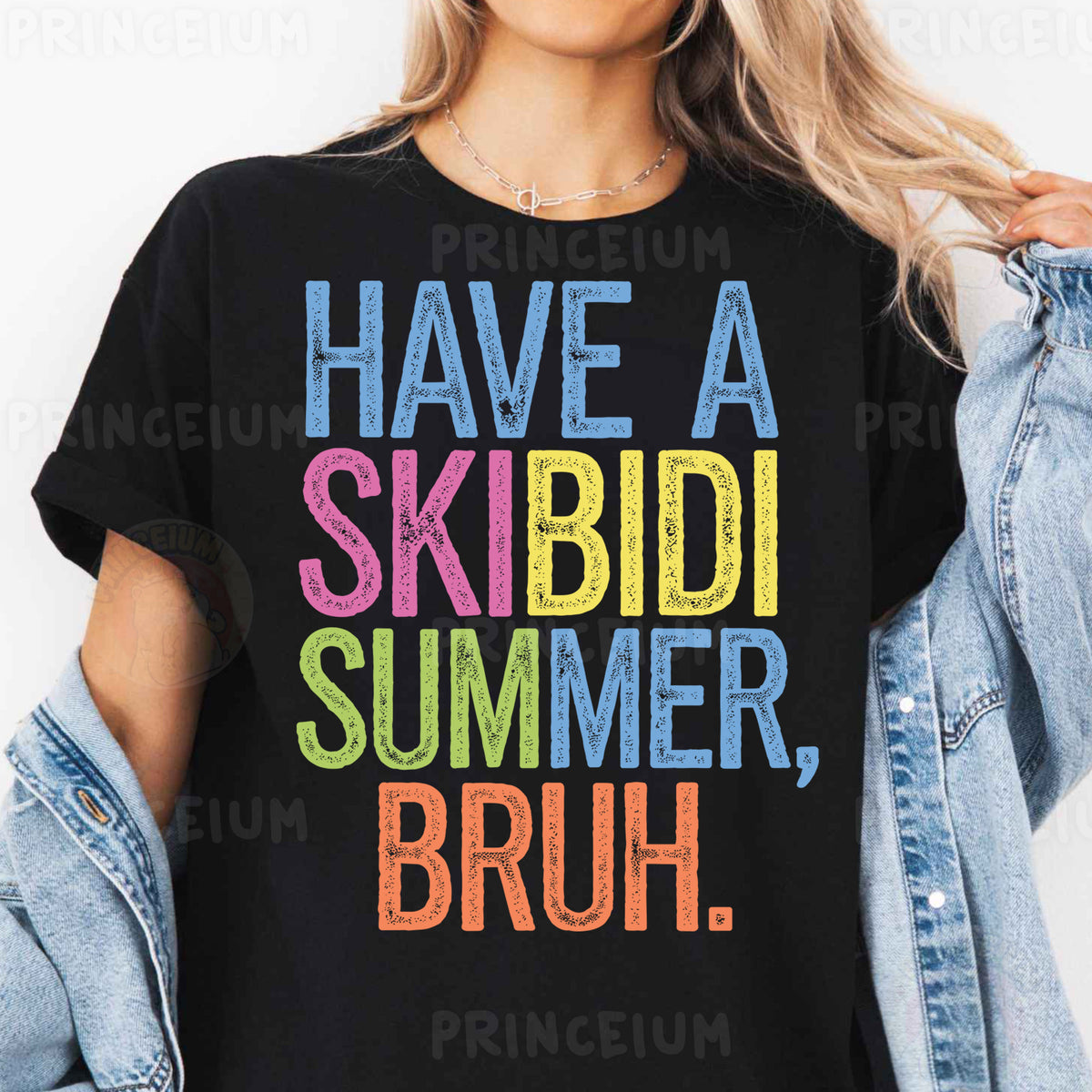 a woman wearing a black shirt that says have a skibid summer bruh