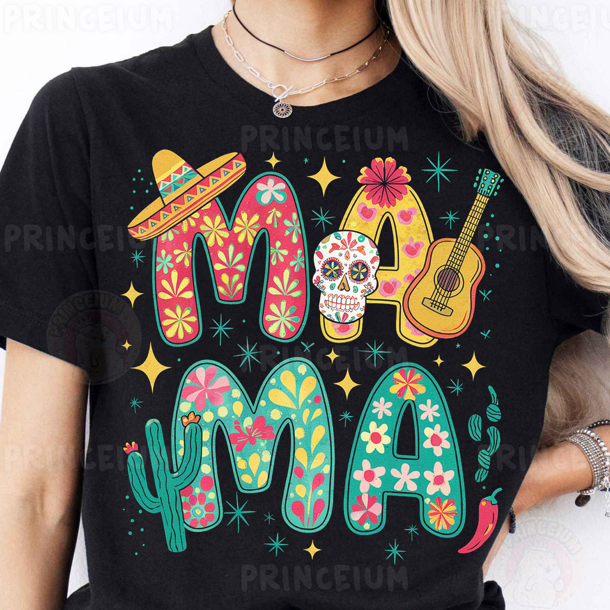 a woman wearing a black t - shirt with a mexican design