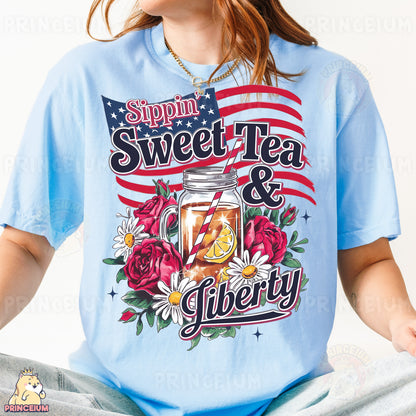 a woman wearing a t - shirt that says sweet tea and liberty