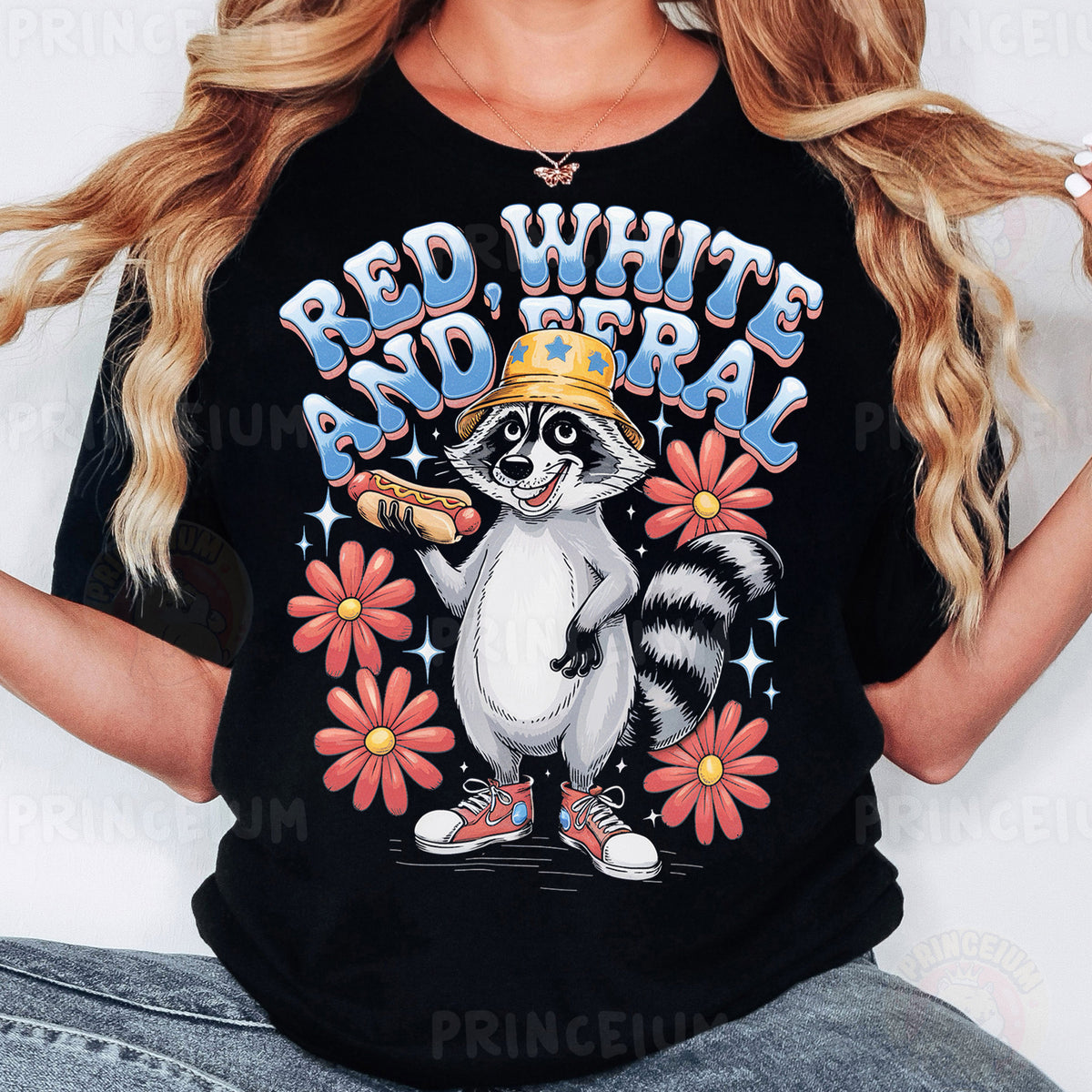 a woman wearing a red white and blue raccoon t - shirt