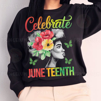 a woman wearing a black sweatshirt with flowers on it