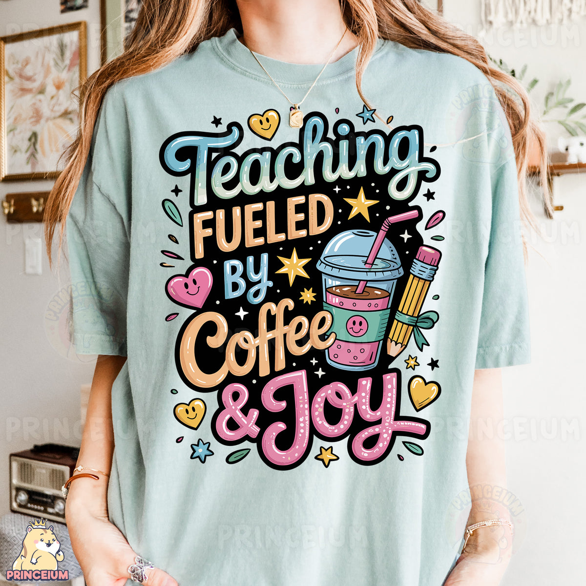 a woman wearing a t - shirt that says teaching fueled by coffee and joy