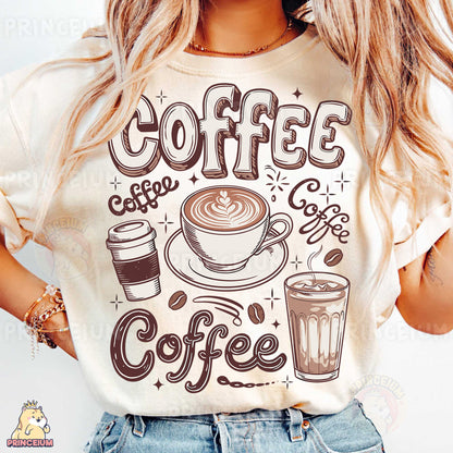 a woman wearing a t - shirt that says coffee